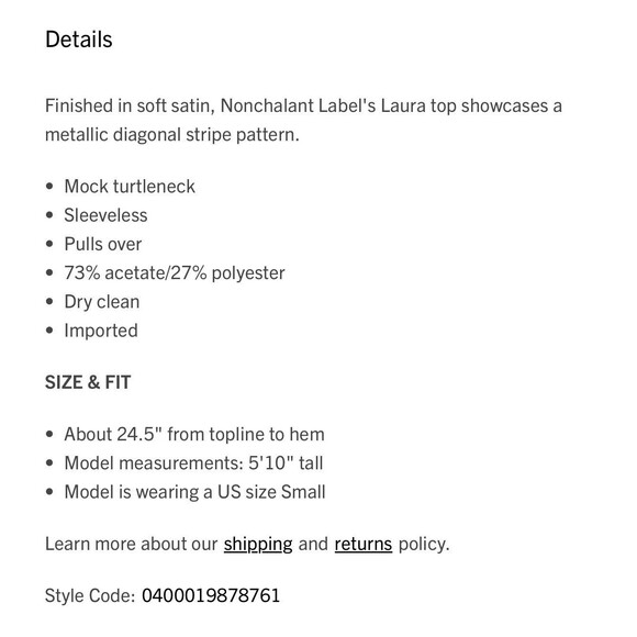 Nonchalant Label Laura Satin Silver Stripe Sleeveless Blouse High Neck Sz XS - Picture 9 of 9